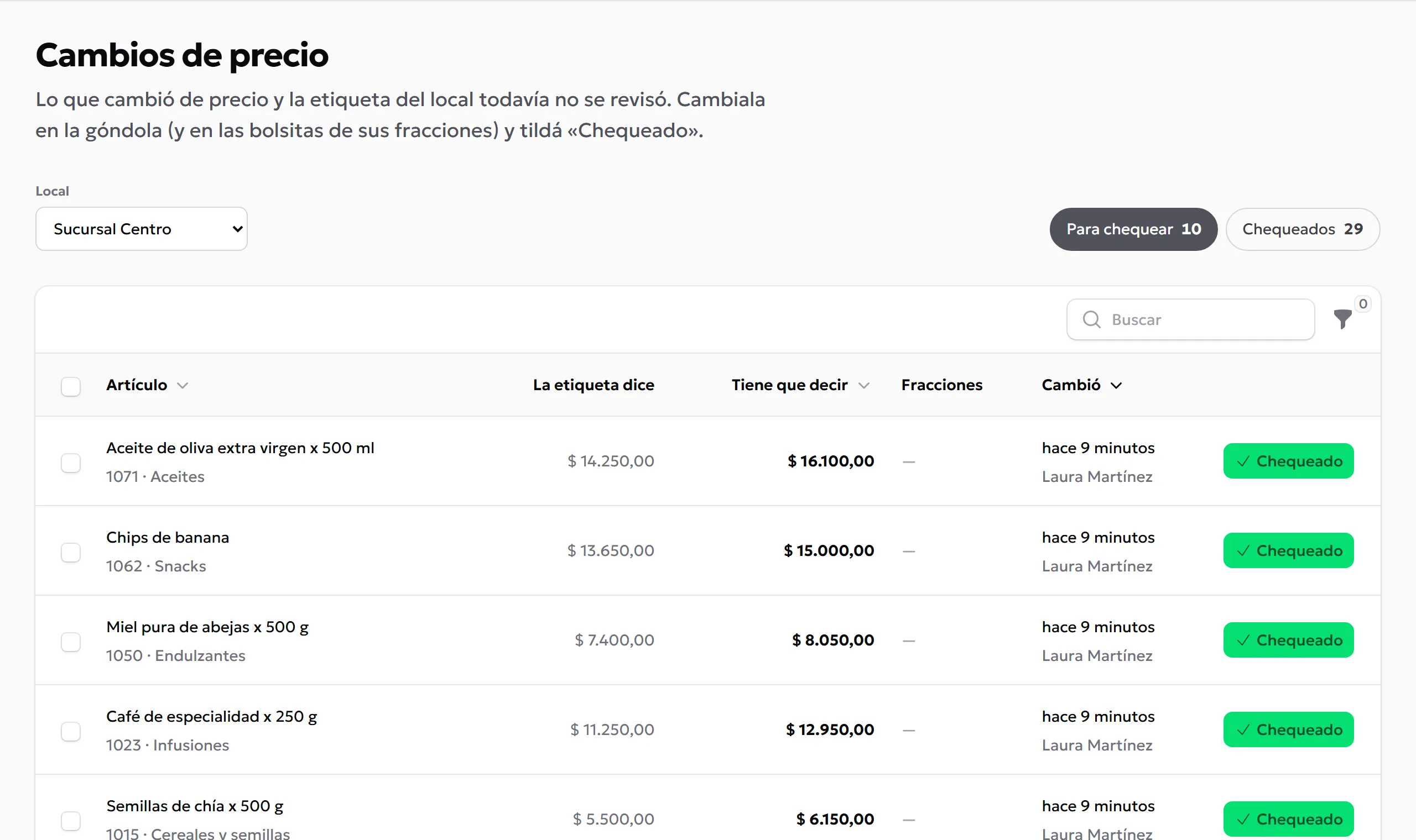 Pantalla «Cambios de precio»: diez artículos con lo que dice la etiqueta de la góndola, el precio nuevo y un botón «Chequeado» en cada uno.