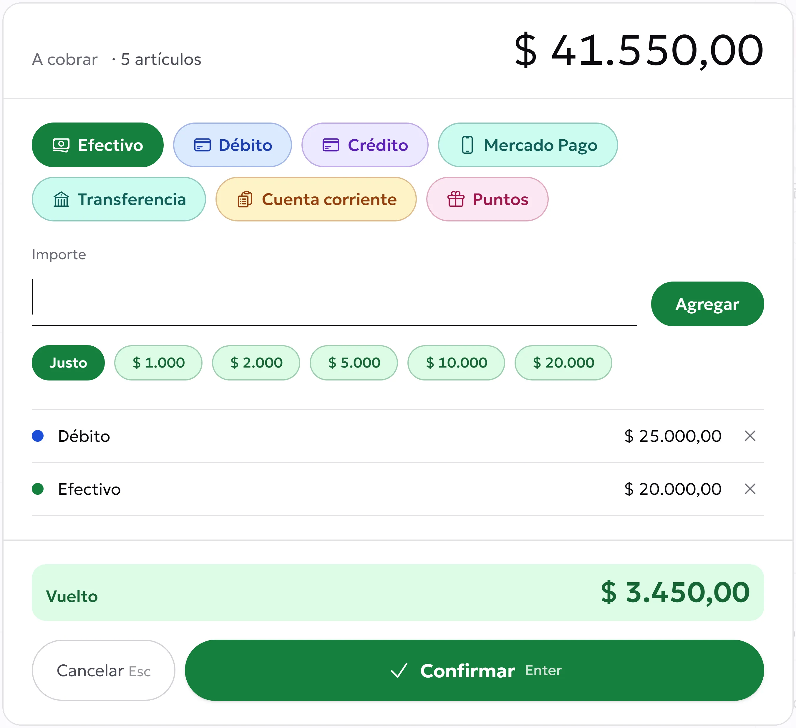 El cobro de una venta de $ 41.550: $ 25.000 con débito y $ 20.000 en efectivo, con $ 3.450 de vuelto.